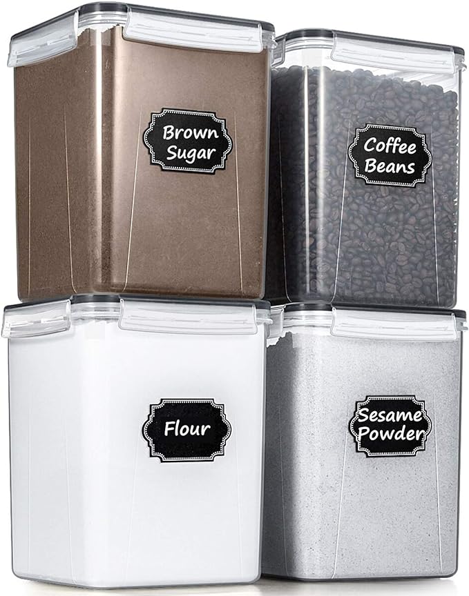 Wildone Flour Storage Containers 5.2L, 4 PCS Food Storage Containers, Black | For Bulk Flour and Sugar Storage, Airtight Seal, BPA Free, Food Grade Material, 20 Labels Included