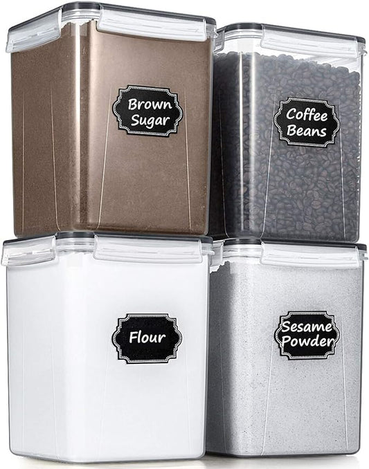 Wildone Flour Storage Containers 5.2L, 4 PCS Food Storage Containers, Black | For Bulk Flour and Sugar Storage, Airtight Seal, BPA Free, Food Grade Material, 20 Labels Included