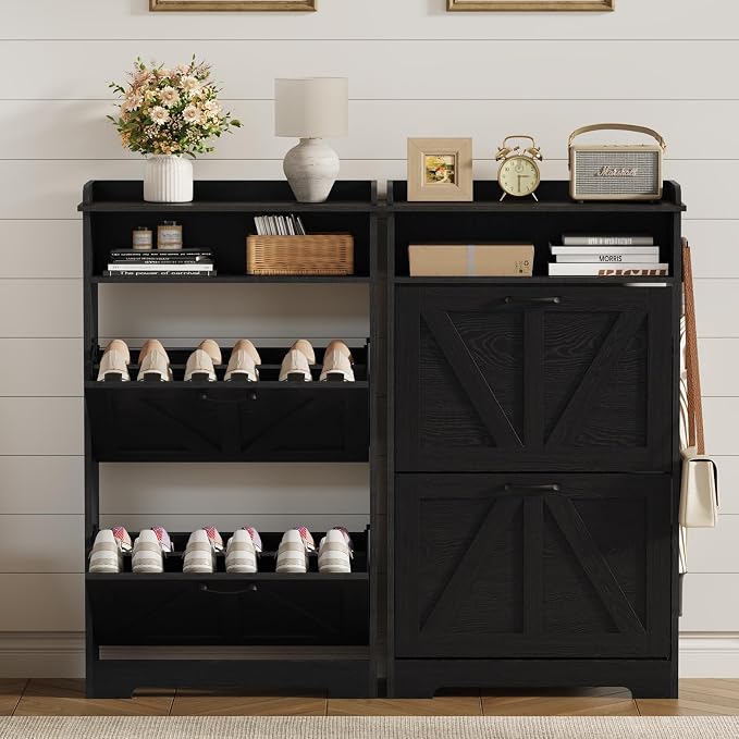 Farmhouse Narrow Shoe Cabinet with 2 Flip Drawers, 23.6" W Black | Freestanding shoe storage cabinet for entryway,foyer and hallway,slim design width and space-saving flip drawers