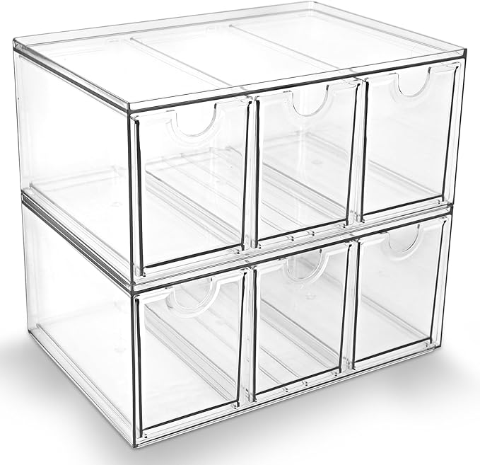 Prsildan Tea Bag Organizer K Cup Holder Drawer Coffee Pods Storage, 2 Pack | Clear Acrylic, Stackable, Pull Out, For Kitchen Office Craft Art Supplies Hair Accessories Makeup Small Items