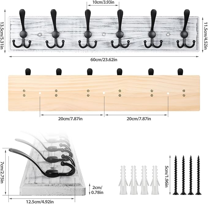 Coat Rack Wall Mount, Wooden Heavy Duty Coat Rack for Wall,6 Triple Coat Hanger Hooks for Hanging Coats,Jacket,Hat,Clothes (Grey White, 6 Hooks)