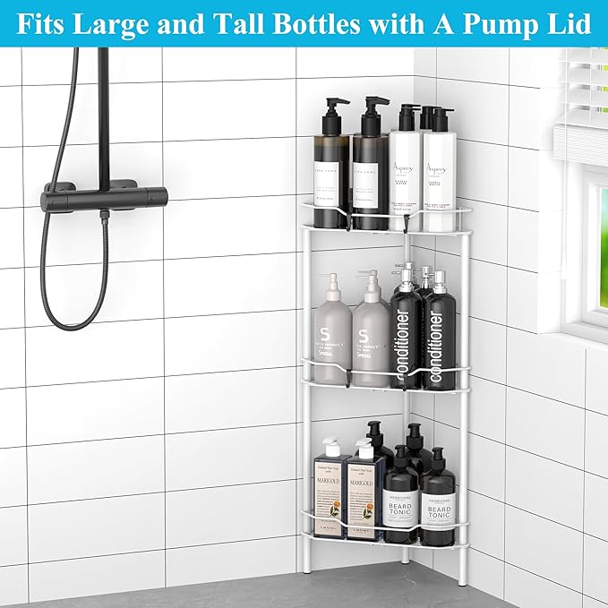 HuggieGems 3 Tier Floor Standing Corner Shower Caddy Organizer Shelf with Hooks, Bathroom Shelves Stand Rack, White