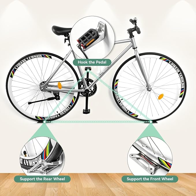 Bike Wall Mount for Garage, Pedal Hook with 2 Wheel Trays