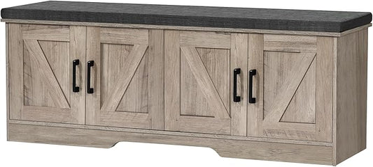 HOMSHO Farmhouse Shoe Storage Bench with 4 Barn Doors & Padded Seat Cushion | 47.2" Wide Entryway Bench with Adjustable Shelves & Hidden Storage, Greige