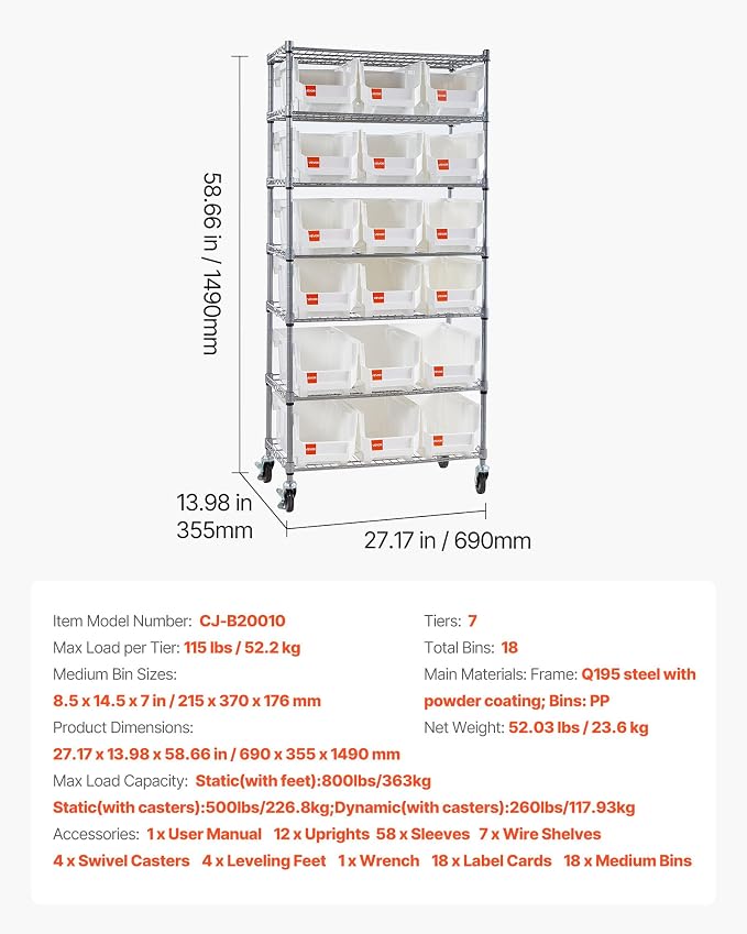 VEVOR 7-Tier Rolling Bin Storage Rack, 18 Organizer Bins, Bin Rack Storage Steel Wire Shelving System with Wheels, Mobile Tool Organizer for Garage, Warehouse, Office, Restaurant, Classroom, Kitchen