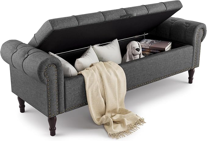 Storage Bench Ottoman, 61" Long King Linen Rolled Arm Bedroom End of Bed Bench, Window Bench with Button Tufted and Nailhead Trim for Foot of Bed Bench, Bedroom, Entryway, Living Room, Gray
