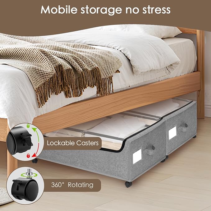 Under Bed Storage with Wheels, 2-Pack Under the Bed Storage Containers with Clear Lids & Label, Underbed Storage Bins, XXXL 85L 11 inches Rolling Metal Drawer for Clothes, Shoes, Toys, Books - Gray