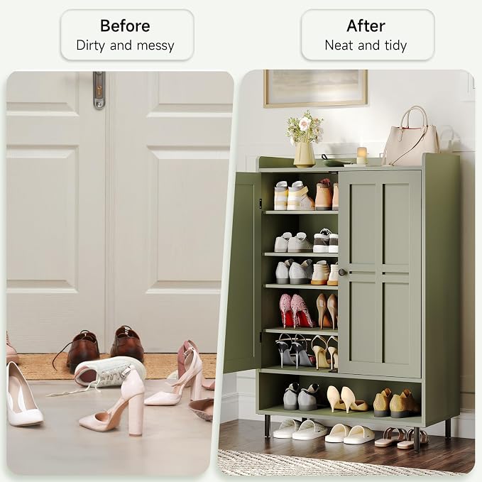ONBRILL Shoe Cabinet with Cross Molding Doors, 6-Tier Shoe Storage Cabinet with 3 Adjustable Shelves and Metal Legs, 45'' Tall Shoes Rack Organizer Cabinet for Entryway, Front Door, Green