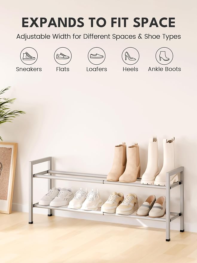 Bumusty 2 Tier Expandable Shoe Rack for Closet, Light Grey | 18"-33" Adjustable Shoe Rack for Entryway, Small Shoe Organizer for Dorm, Front Door, Sturdy Metal