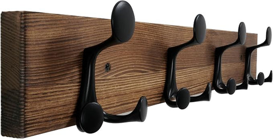 WEBI Coat Rack Wall Mount,24" Solid Wood Coat Hooks Wall Mounted Coat Hanger,16" Hole to Hole,Heavy Duty Hook Rack,4 Triple Hooks for Hanging Coats,Jacket,Hat,Backpack,Farmhouse,Brown