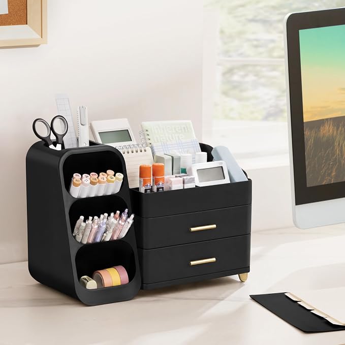 HBlife Desk Organizer with Pen Pencil Holder for Desk, Pen Organizer with 2 Drawers, Desk Organizers and Accessories with 4 Compartments, Desktop Storage for Office Home School Art Supplies, All Black