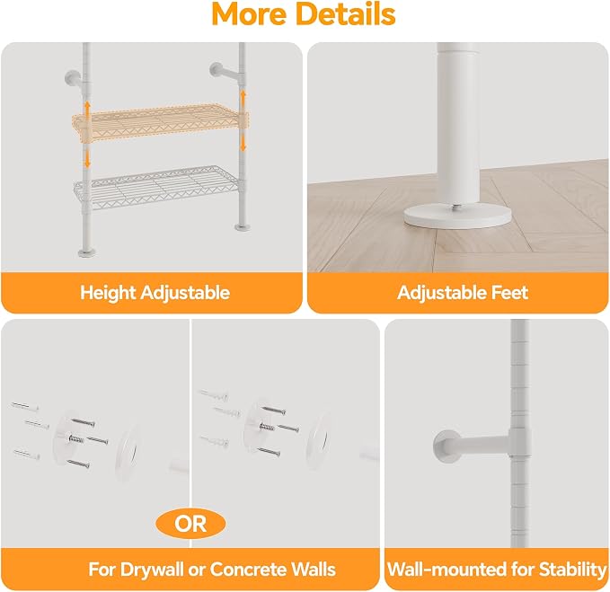 Higeego W3 Wall Mounted Clothes Rack, Industrial Pipe Clothing Rack, White | Wall Mounted Closet Organizer, Expandable Hanger Rods, Adjustable Closet Shelving, Heavy Duty Closet Rack