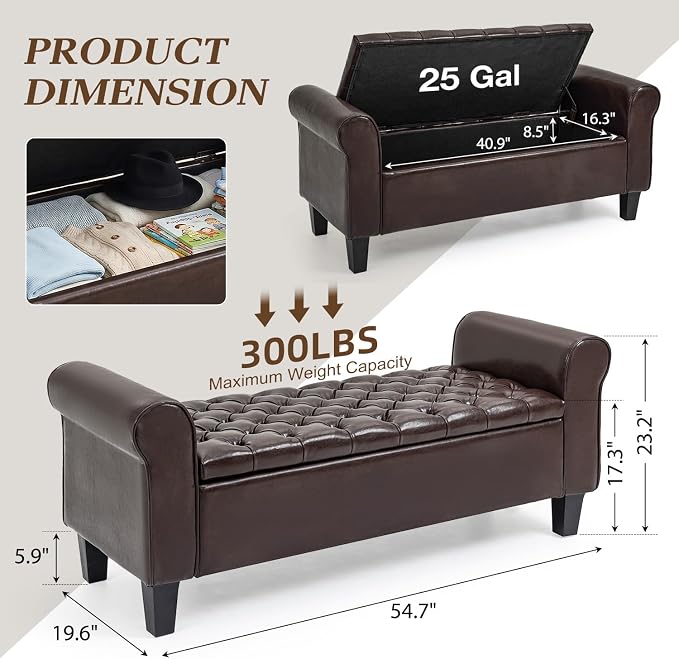 55" Storage Ottoman Bench for Living Room, End of Bed Bench with Rolled Arm Leather Ottoman with Storage Upholstered Entryway Bench Retro Style Footboard Bench for Bedroom, Brown