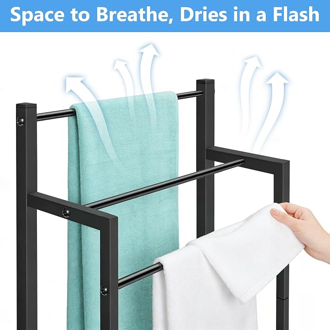 Free Standing Towel Racks for Bathroom, 3 Tier Towel Drying Rack with Movable Storage Shelf, Tall Metal Towel Rack Stand for Outdoor Pool, Black