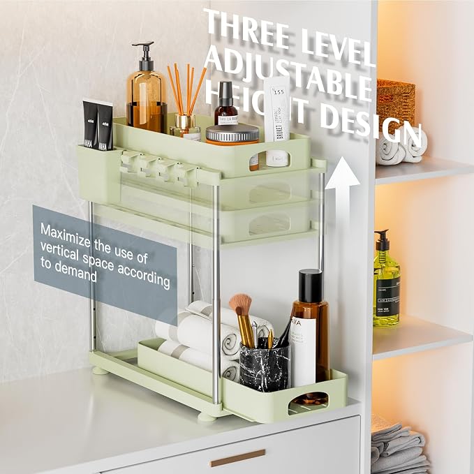 VERIFOST Under Sink Organizer, 2 Pack Under Kitchen Bathroom Cabinet Organizer, 2 Tier Under Bathroom Kitchen Sink Organizer, Adjustable Height Bathroom Kitchen Cabinet Organizers and Storage, Green