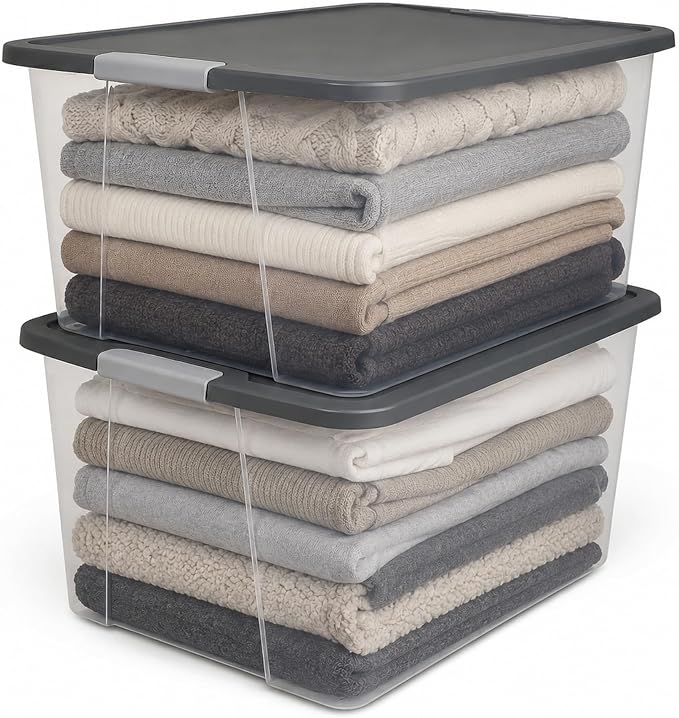 HOMZ 4-Pack Secure Latch, Clear Plastic Storage Organizer Bins, 64 Quart, Gray Lid - Stackable Container Boxes for Bedroom, Bathroom, Garage, and Office Organization