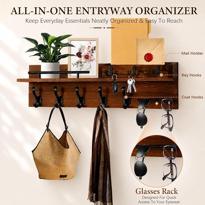 29" Wooden Wall Mounted Coat Rack with Shelf - 5-in-1 Entryway Organizer with 8 Hooks (5 Coat Hooks + 3 Key Hooks), Mail Holder & Display Shelf & glasses Hanger for Doorway, Bedroom, Garage Entrance