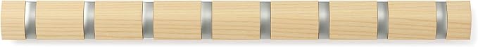Umbra Flip Coat Rack, Wall Mount 8-Hook, Space Saving, Natural/Nickel | Real wood and steel build, retractable hooks fold flat, holds coats bags and scarves, easy install