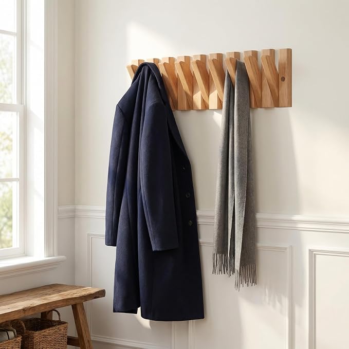 Piano Wall Mounted Coat Rack, Fold-Away Wooden Wall Hooks, 9 Hooks | Solid wood piano-inspired rack with fold-away hooks creates storage art, keeping jackets, bags and towels organized.