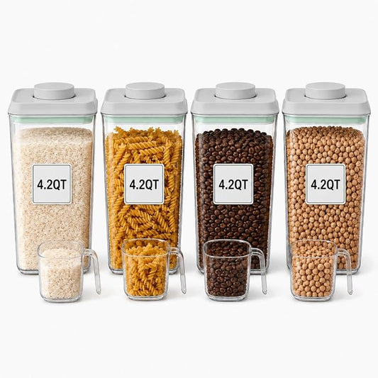POP Airtight Flour-Rice Food-Storage Container - 4L/4.2Qt Jar with Lid(4Pc) and 3.3Oz Scoop(4Pc) | BPA-Free | Perfect for Storing Grains, pasta, Snacks | Stackable and Durable