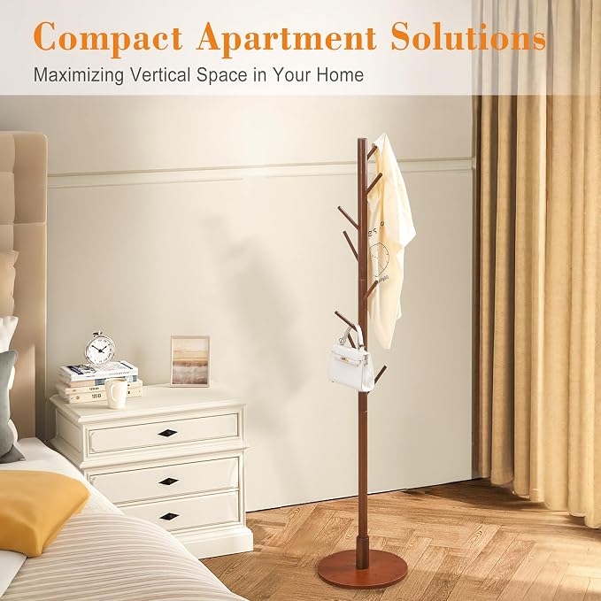 VECELO Coat Rack Freestanding, Entryway Hanger Stand, Umbrella Holder, Hall Tree With Hooks, Floor Standing Tree Stand,Walnut