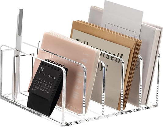 Acrylic Mail Sorter Desk Organizer with Pen Holder, 5 Compartments Clear | Small File Script Letter Document Storage for Desktop Bill Filling Envelope Holder Office, Home, School Organization