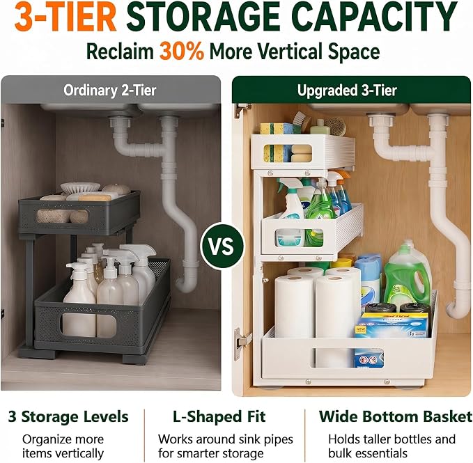 3 Tier Under Sink Organizer,2 Pack Pull Out Cabinet Shelves with Adjustable Height,Heavy Duty Carbon Steel L-Shaped Storage for Kitchen Bathroom Sink,Pantry & Laundry,White