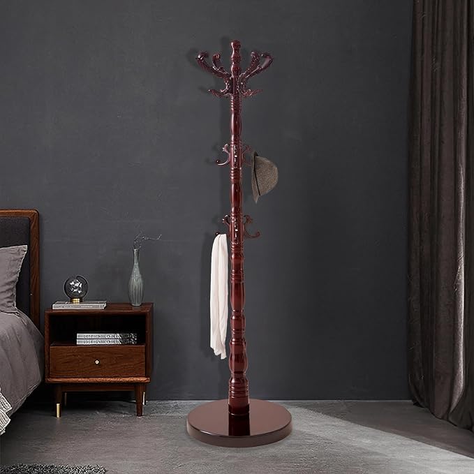 ZOZOE Wooden Coat Rack,Vintage Coat Rack Freestanding with 14 Hooks | Solid Wood Coat Rack Stand with Round Base,Classic Natural Birch Wood Coat Clothes Tree Stand for Entryway Hallway