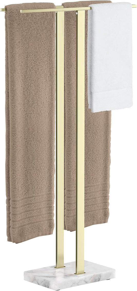 KES Brushed Gold Standing Towel Rack, 37" H, Heavy Marble Base, Bathroom | Equal-Height, Fits Large Bath Towels, Freestanding Design, Modern Luxury, 18/8 Stainless Steel Rustproof