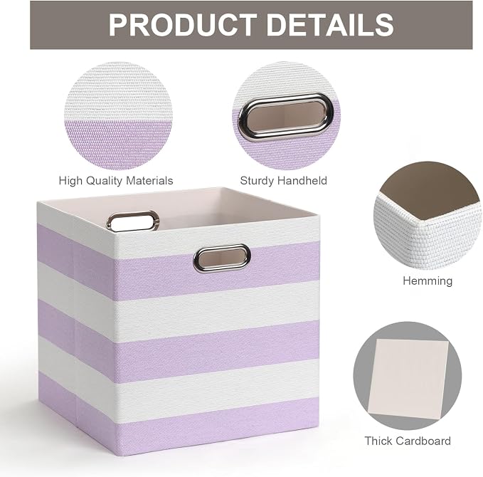 Posprica Storage Bins Storage Cubes,13×13 Collapsible Storage Boxes Containers Organizer Baskets for Nursery,Office,Closet,Shelf - 4pcs,Purple-white Striped