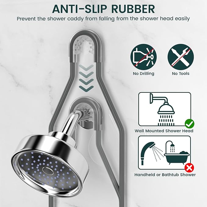 REINHARDT Shower Caddy Hanging Adjustable, Extended Length Rustproof Shower Caddy Over Shower Head with Hooks Soap Holder, Large Capacity Shower Organizer Anti-Swing Bathroom Organizer, Grey | Shower Caddy Over Showerhead, Extra Long, No Drilling, Anti...