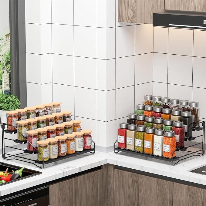 4 Tier Spice Rack Organizer for Cabinet, Depth Adjustable Spice Rack,1 Pack | Black, Metal Spice Organization for Cabinet, Easy Visibility, Tiered Spice Shelf Perfect for Cabinet, Pantry and Countertop
