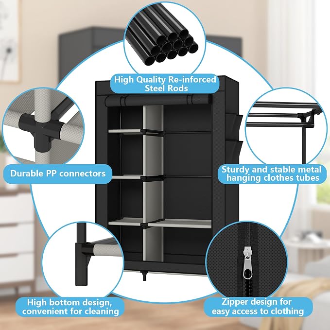 Calmootey Portable Closet Organizer, Space-Saving Storage System for Home | Sturdy Rod for Coats, 6 Shelves for Folded Clothes, 4 Side Pockets for Small Items, Non-Woven Dustproof Cover, Black