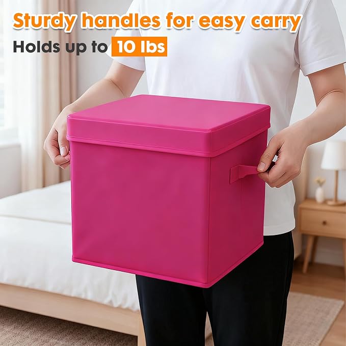 ShellKingdom Storage Bins, Foldable Fabric Storage Cube with Lid for Closet | Clothes Storage Organizer Drawer For Closet Toys Storage, 13 X 13 X 13 INCH, 2 Pack (Fuchsia)