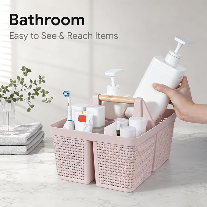 UUJOLY Portable Plastic Shower Caddy Basket with Wooden Handle, Pink | Divided Storage Organizer Tote for Bathroom, Dorm, College, Kitchen & RV – Lightweight, Easy-Carry Essentials Caddy