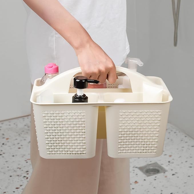 Plastic Portable Shower Caddy Basket with Handle, 3 Compartments, Beige | Storage Organizer with Drain Holes, Sturdy and Durable For Bathroom, Kitchen, College Dorm, Sink, Camping