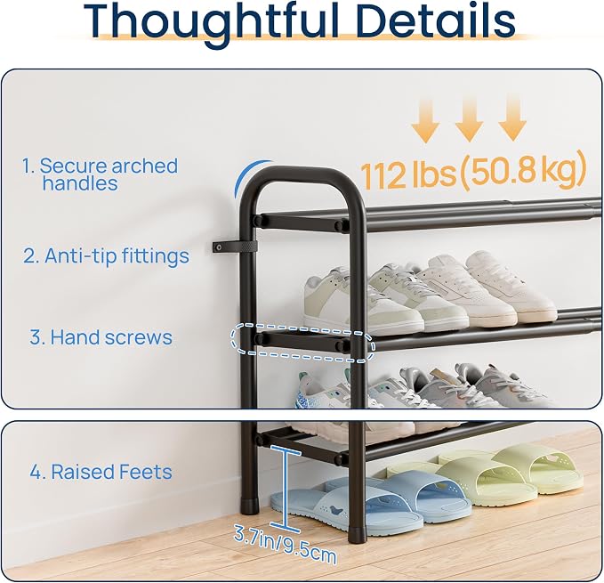 ENJOYBASICS Expandable Shoe Rack, 32.4'' Wide - 8 Tier Adjustable Shoe Organizer Shelf for Closet, 32 Pairs Black Metal Free Standing Shoe Rack Storage for Garage, Entryway