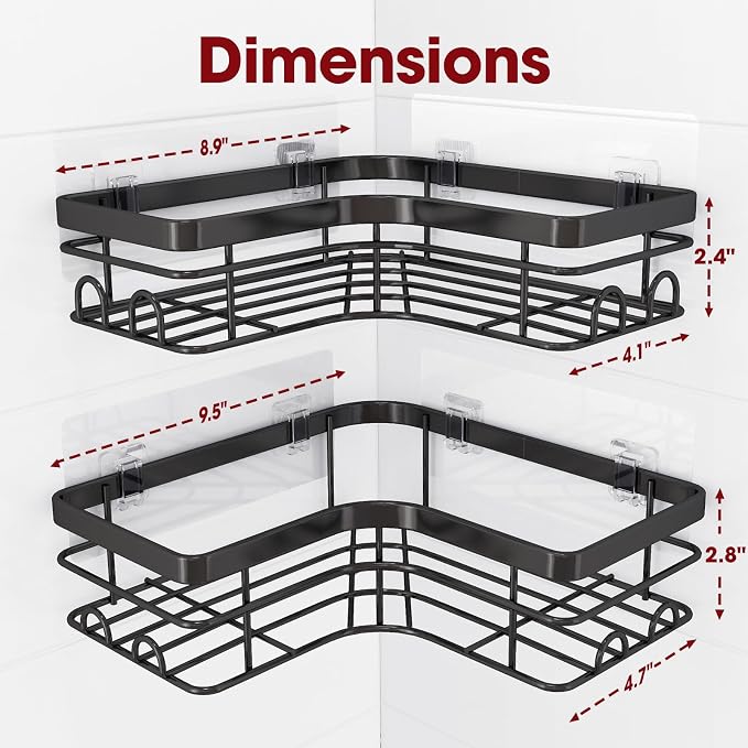 Sakugi Corner Shower Caddy - 2 Pack, Adhesive Shower Organizers, Rustproof Stainless Steel Shower Shelves with 8 Hooks, No Drilling Bathroom Organizers and Storage Racks, Space-Saving, Black, X-Large