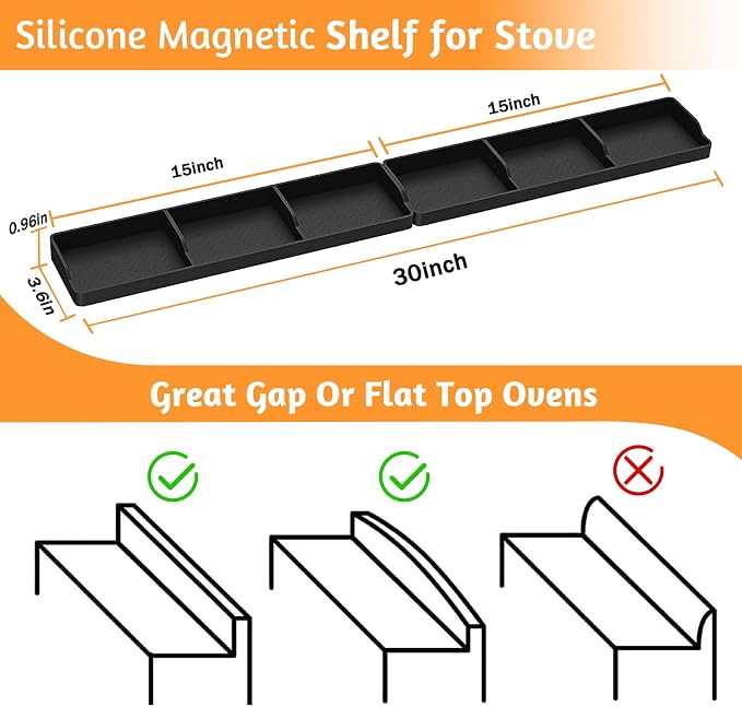 Foeacry Magnetic Stove Top Shelf 30"/15", 2-Piece Silicone Over the Stove Shelf Spice Rack & Spice Organizer — Heat Resistant, No Drill Kitchen Storage Organizer for Gas & Electric Stoves