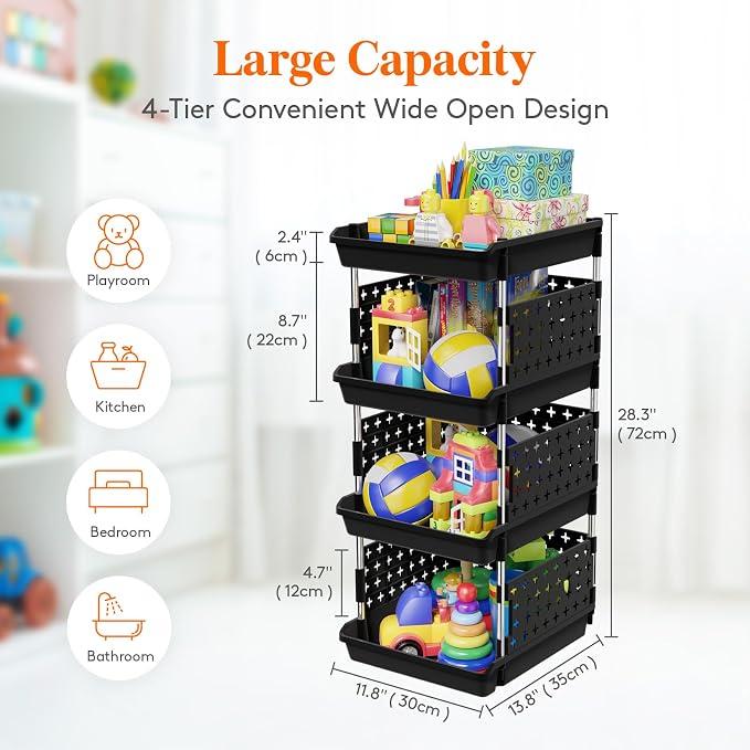 Lifewit 4 Tier Plastic Stackable Storage Baskets for Clothes 1 Pack, Black | Stacking Bins for Food, Multifunctional Organizer for RV, Kitchen, Playroom, Pantry and Bathroom