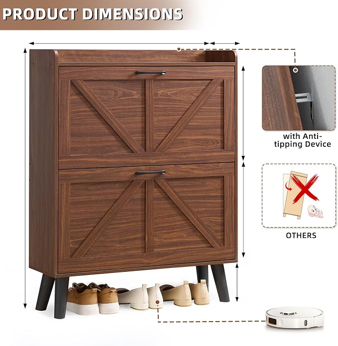 LEYAOYAO Shoe Cabinet Storage for Entryway with 2 Flip Drawers Rack Narrow Organizer Slim Hidden Wood Shoe Cabinet Furniture Walnut