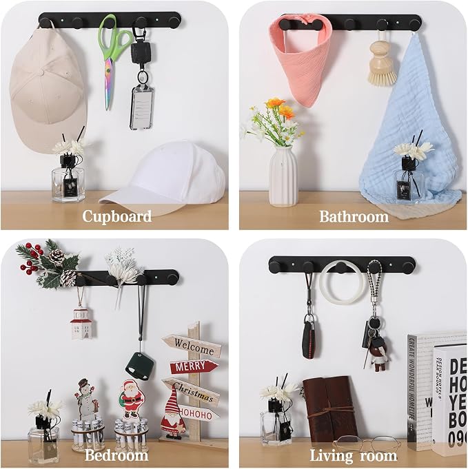 Coat Hooks Wall Mounted , Black Coat Rack with 5 Hooks, Adhesive Or Screw | Heavy Duty Coat Hanger Towel Hooks, 2 Install Options, For Towels, Coats, Hats, Bags, Bathroom, Kitchen, Door