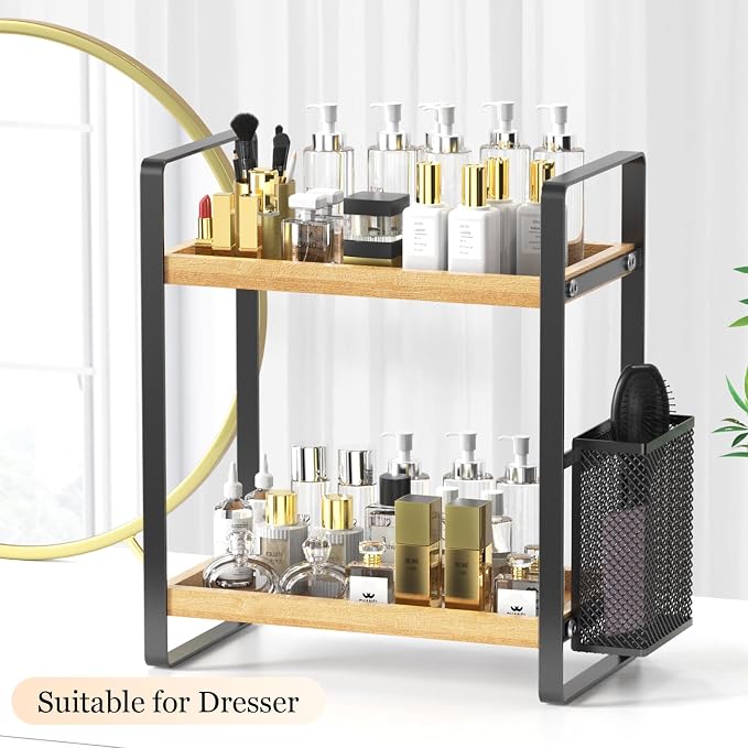 2-Tier Wood Bathroom Counter Organizer with Basket,Waterproof Vanity Perfume Skincare Storage for Bathroom, Kitchen, Dresser