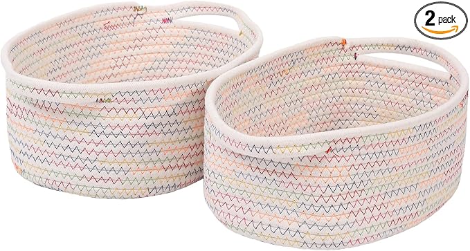 JMvicyroam Small Woven Basket, Empty Gift Basket, Colorful/2 Pack | Small Gift Basket, Cotton Rope, 12 x 8 x 49 in, Handles, Includes Ribbon and Bag, Birthday Gift Basket