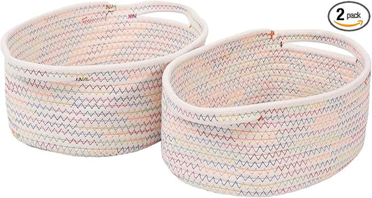 JMvicyroam Small Woven Basket, Empty Gift Basket, Colorful/2 Pack | Small Gift Basket, Cotton Rope, 12 x 8 x 49 in, Handles, Includes Ribbon and Bag, Birthday Gift Basket