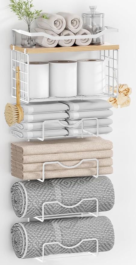 Towel Racks for Bathroom,Towel Rack Wall Mounted, 6 Tier Rolled Or Folded Towel Holder with Floating Shelves, Bathroom Towel Holder for Bath, Hand Towels,White,Walnut Wood Panel