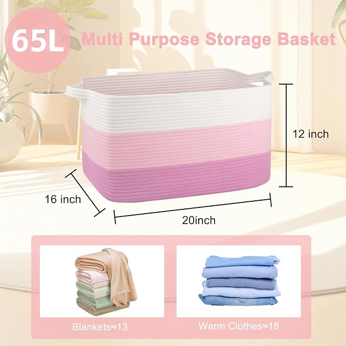 OIAHOMY Large Blanket Basket, 65L Cotton Rope Woven Laundry Basket, Toy Bin for Baby Room, Container for Blanket Storage in Living Room, 20''×16''×12'', Gradient Pink