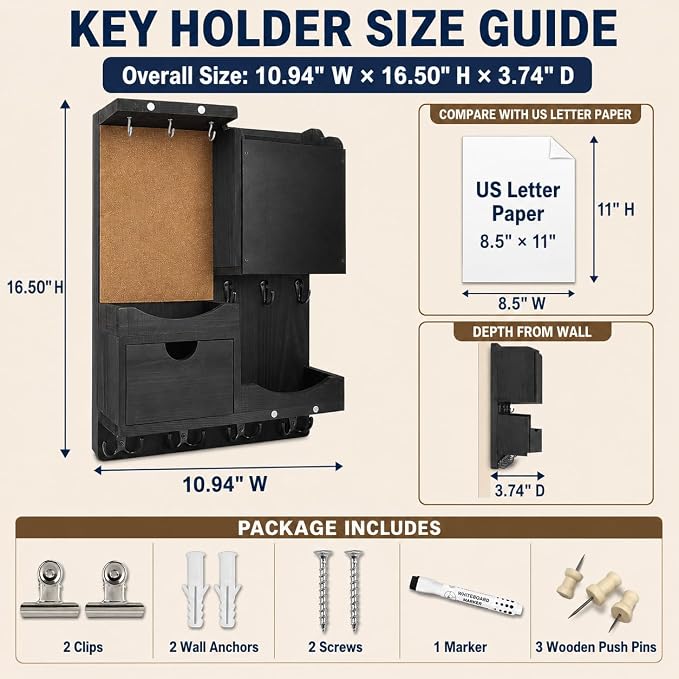 Key Holder Wall Mount, Mail Organizer Key Holder for Wall with Shelf, Drawer, Chalkboard, Corkboard, Home Decor Mounted for Room Entryway (Black)