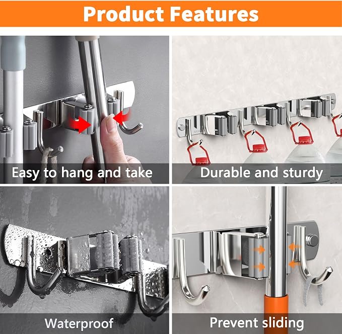 CUXIXA Broom and Mop Organizer Wall Hanging, Upgraded Mop and Broom Holder Wall Mount, Stainless Steel Broom Hanger Wall Mount for Laundry Room Organization and Storage（5 Racks with 4 Hooks）