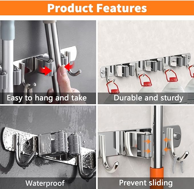 CUXIXA 2 Pack Mop and Broom Holder Wall Mount, Non-slip Broom Hanger, Heavy Duty Mop Broom Organizer for Kitchen Garden Garage Laundry Room Wall Decor Organization and Storage Silver 3R4H